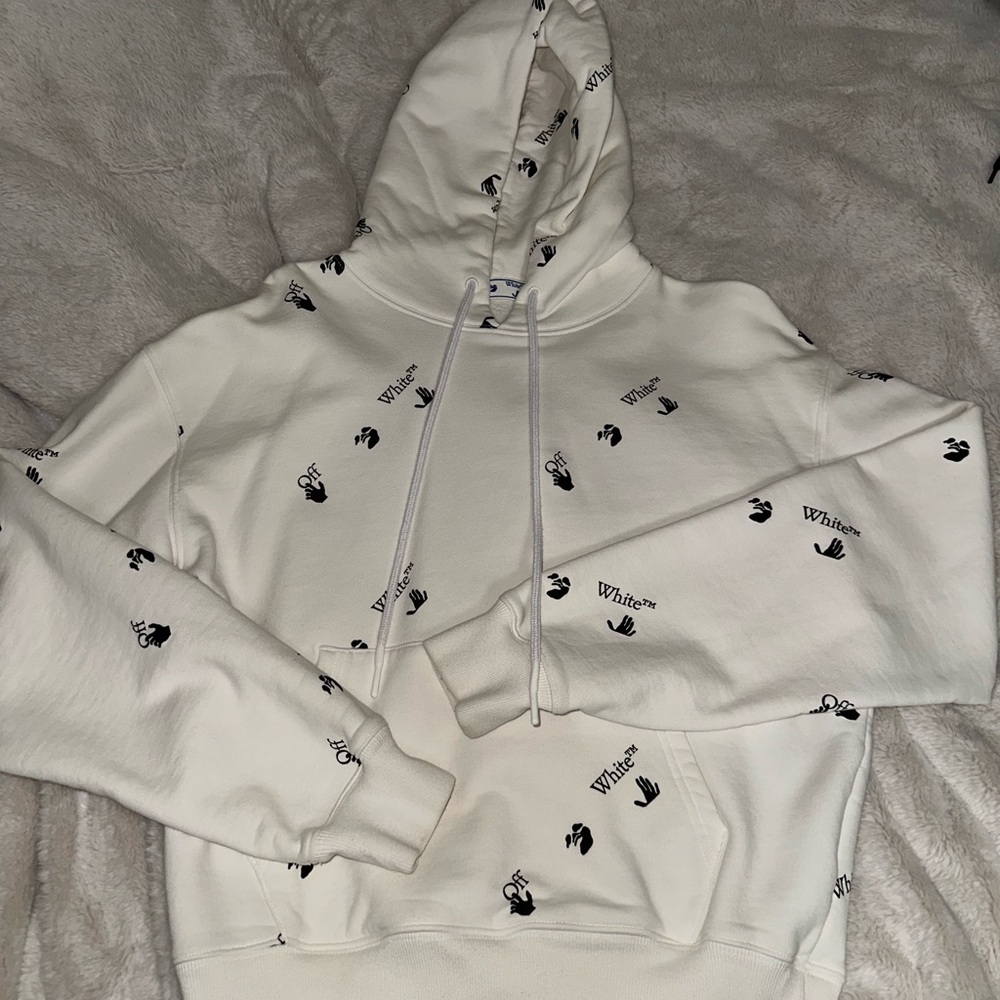 Off-White Cream Hoodie with Black Logo Print - Picture 1 of 2
